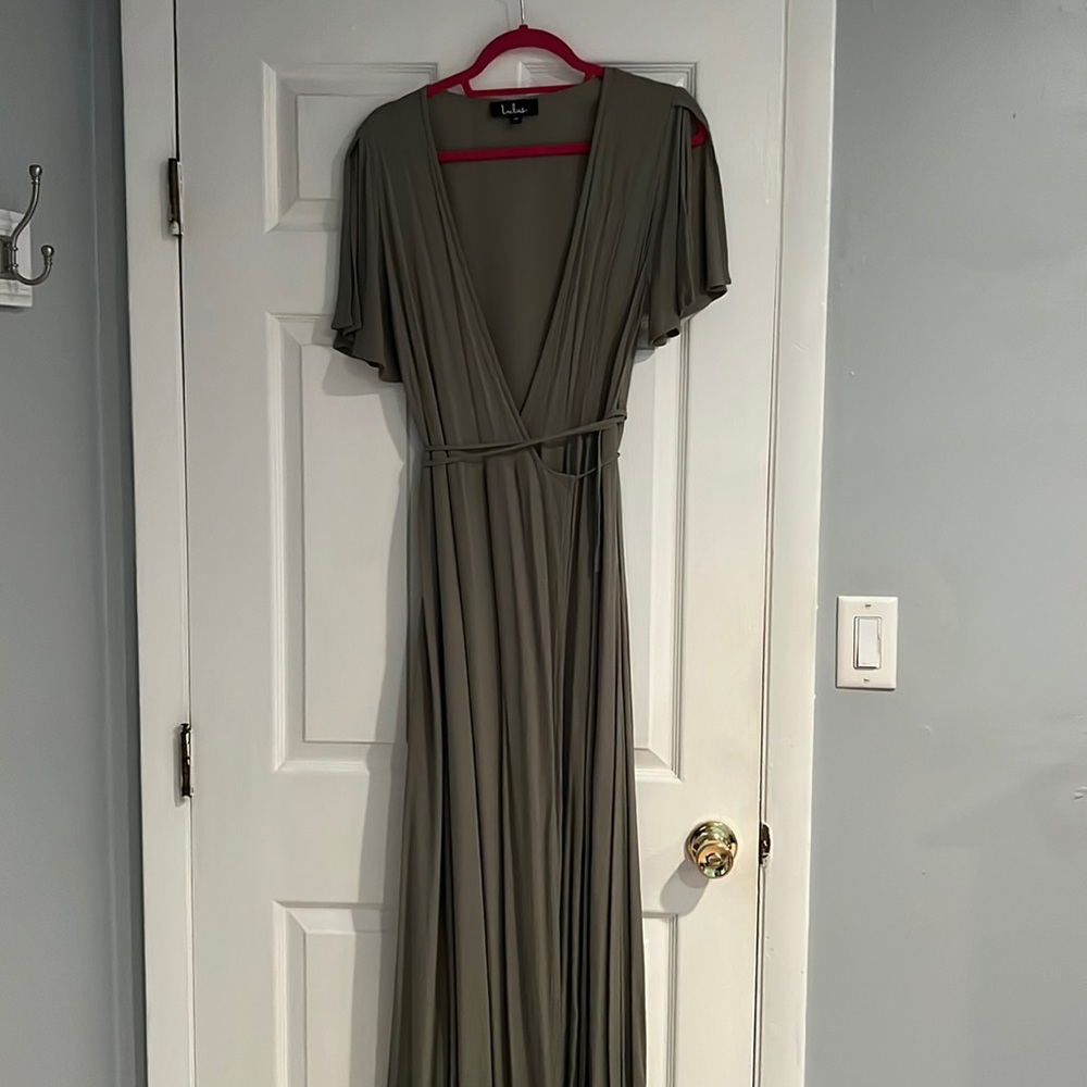 Lulus Much Obliged Washed Olive Green Wrap Maxi Dress
